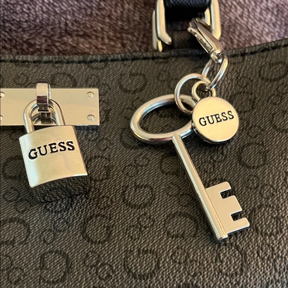 Guess Black Gray Monogram Key Charm Satchel